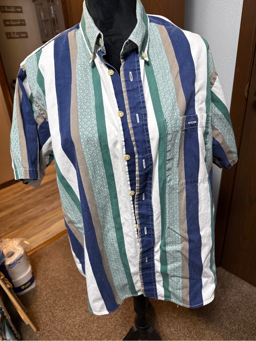 Trader Bay Men's Short-Sleeve Button-Down Shirt in Blue, Green, White & Tan